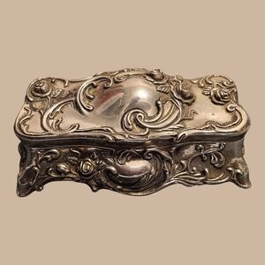 Ornate Floral Metal Jewelry Box - Antique Silver Finish